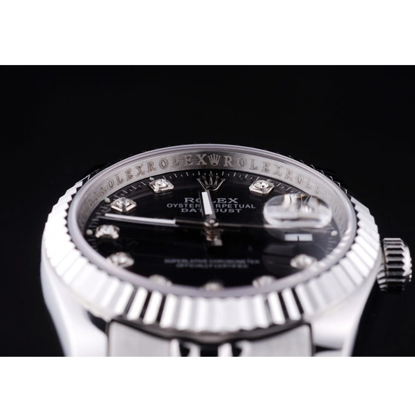 AAA replica watch Ribbed Diamonds Black 7458 Bezel Datejust Rolex Dial 0816